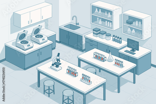 Isometric clean laboratory benches vector coats illustration medical centrifuges facility research lab