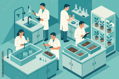 Lab environmental illustration chambers growth stations soil samples isometric water vector