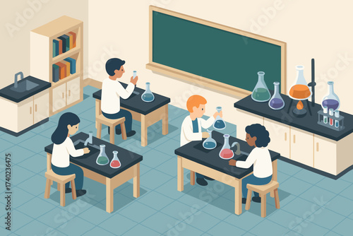 Experimenting vector science lab desks students school illustration flasks blackboard isometric