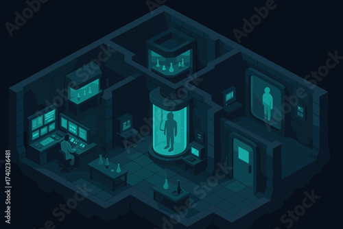Vector underground illustration reinforced glowing laboratory research lab walls screens chambers