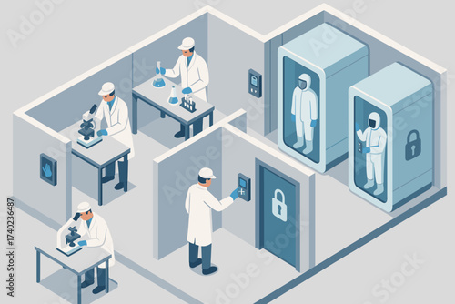Chambers isometric vector working locked biometric illustration scanners secure futuristic lab laboratory
