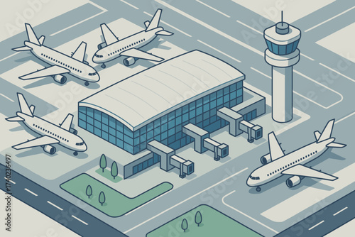 Large control facade airplanes airport isometric vector illustration terminal tower building parked
