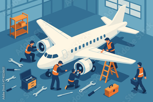 Scattered tools illustration airport vector engineering engines airplane engineers maintenance repairing hangar