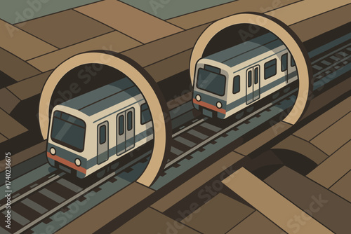 Tunnels subway illustration parallel tracks view trains vector underground moving isometric