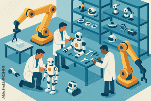 Parts engineers lab robotics robotic arms vector assembling workshop illustration