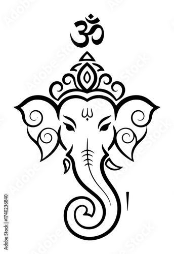 Ganesha Face with Om Symbol Line Art