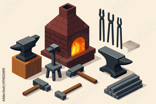 Furnace anvils vector nearby s forge glowing illustration blacksmith hammers bars