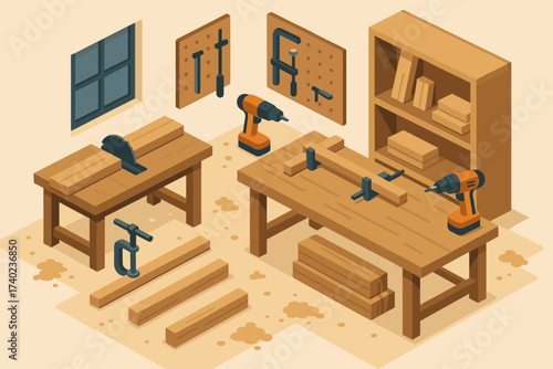 Floor wooden vector sawdust shop illustration beams workshop drills clamps carpentry isometric