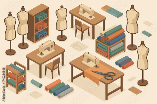 Sewing mannequins tables tailoring illustration scissors fabric rolls vector shop scene