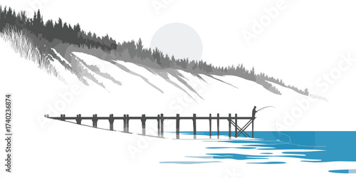 Lakeside, fishing, pier, calm, water, forest, hillside, sun, moon, solitude, nature, peaceful, minimalist, scene, ripples, reflection