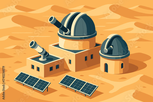 Dunes surrounded observatory solar illustration desert simple telescopes domes vector panels