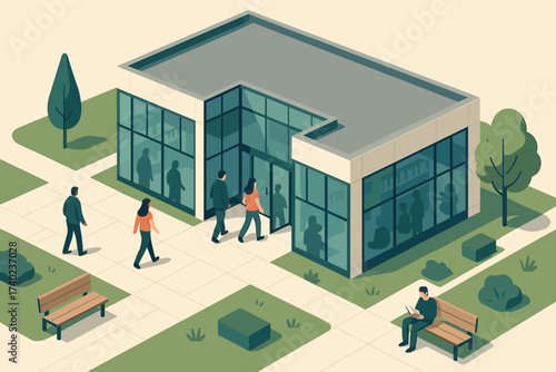 Benches glass vector outside library walls public modern entering illustration exterior