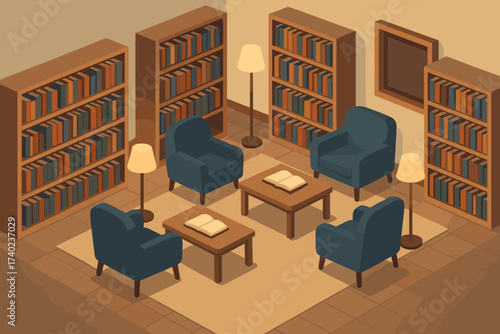 Soft illuminating hall library cozy corner bookshelves rows vector illustration armchairs space