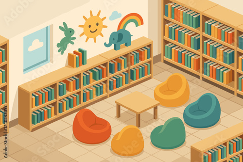 Colorful bookshelves isometric corner playful vector low children decorations illustration library beanbags