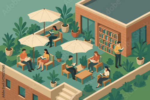 Oasis around umbrellas rooftop library under outdoor vector people plants illustration