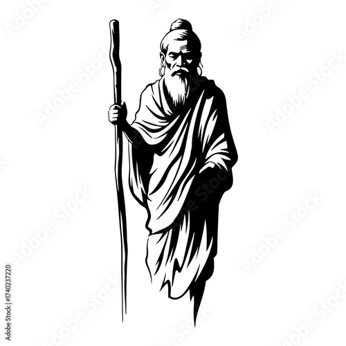 Hindu Sage Walking with Staff Line Art Vector