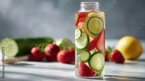 Infused water with lemon, strawberries, and cucumber in a clear glass bottle, clean health and wellness theme.