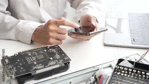 Closeup hand of computer hardware technician using phone while dissemble and  fixing computer PC.