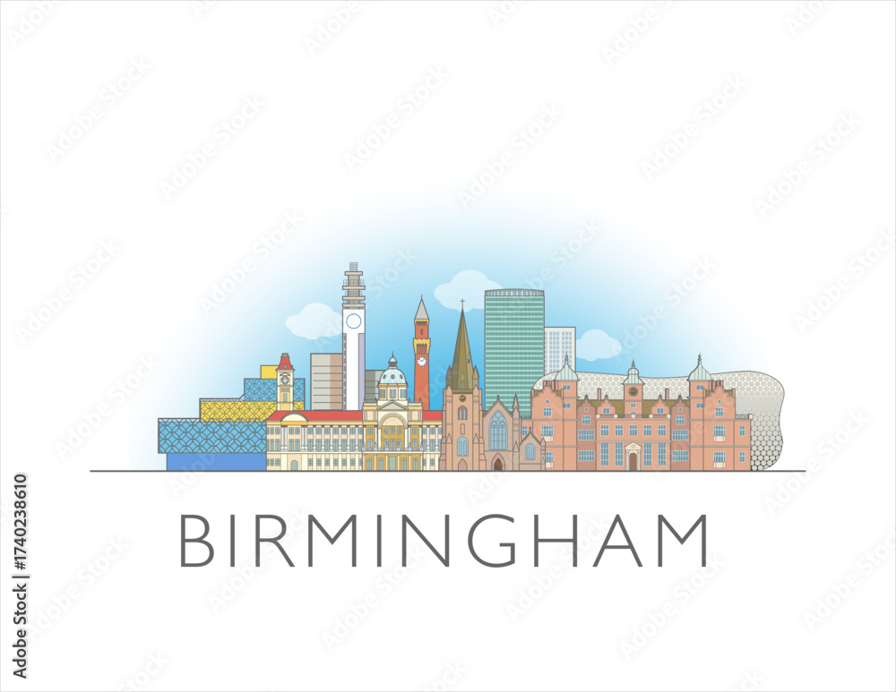 Naklejka premium Birmingham, England skyline cityscape illustration drawing in colour