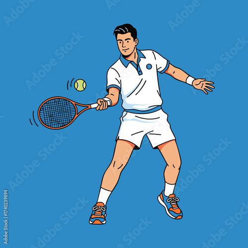 Cartoon tennis player poised to hit a tennis ball with a racket on a blue background