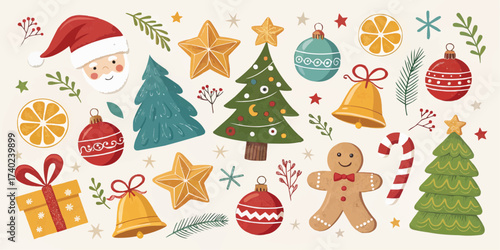 A festive christmas collection featuring santa claus christmas trees ornaments and holiday themed elements decor
