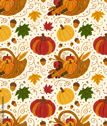 halloween seamless pattern with pumpkins, autumn leaves, October festive season template, graphic design illustration wallpaper 