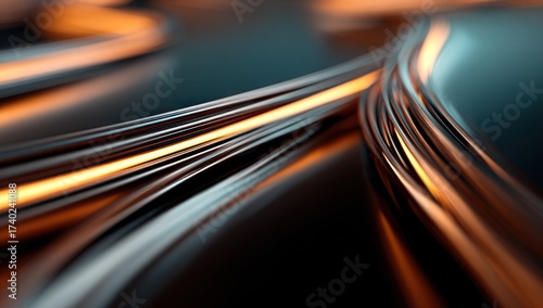 Abstract macro of curving, metallic ribbons with orange and blue-gray highlights