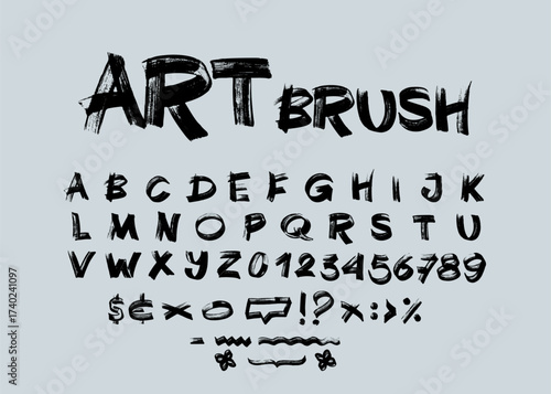 Bold hand drawn brush pen alphabet with art vector expressive letters. Distressed grunge graffiti style, thick textured strokes and punk uppercase typography for modern logos and dynamic designs.
