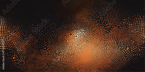 A rusty metal texture and brown leather backdrop with orange halftone dots and a wave pattern design