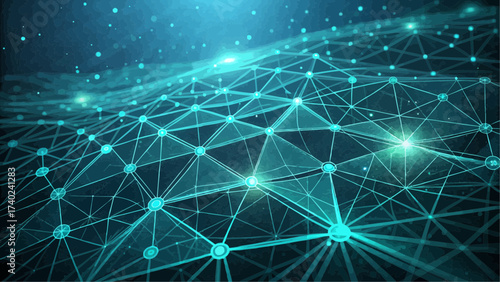 A digital network with interconnected nodes and lines creating a complex web like structure in blue hues