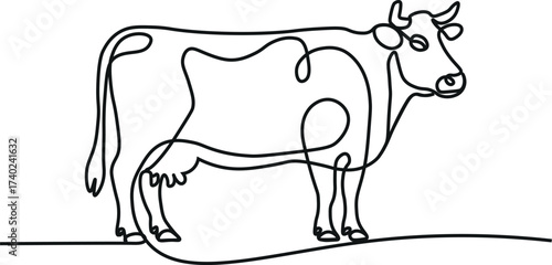 Cows on pasture in One continuous line drawing. Milk calf animal grazing symbol and beef meat farm concept in simple linear style. Editable stroke. Doodle vector illustration.