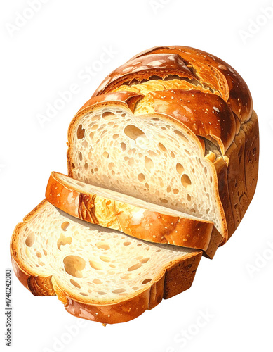 Sliced loaf of bread, light golden color,  crispy crust