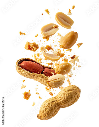 Peanuts in a dynamic, exploding composition.  Peanuts, shells, and crumbs are dispersed in mid-air against a black background. 