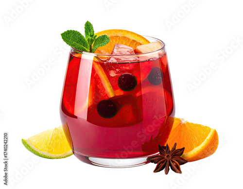 Red beverage in a glass, garnished with fruit and spices