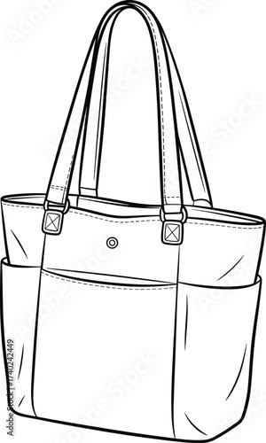 Tote bag line art illustration, black and white handbag drawing, fashion accessory sketch, shoulder bag design, minimalist style, modern purse outline