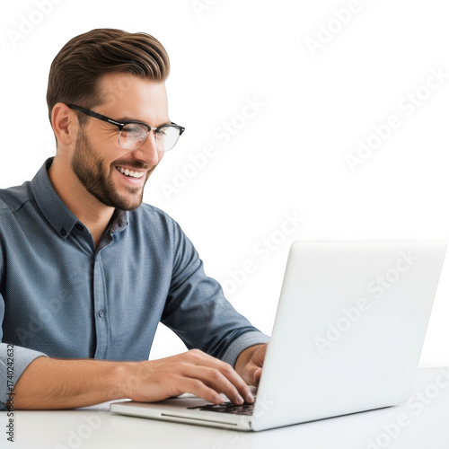 Smiling man with glasses working on a laptop isolated on transparent background