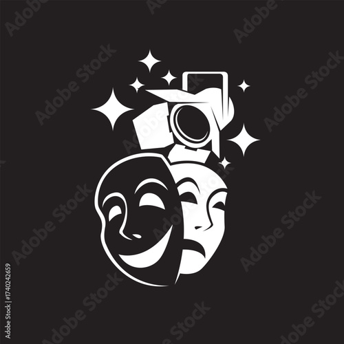 icon of comedy and tragedy theatrical masks with spotlight isolated on black background
