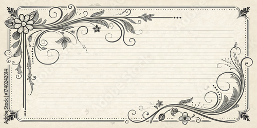 Floral decorated frame with lined paper and a vintage design with decorative elements and flowers