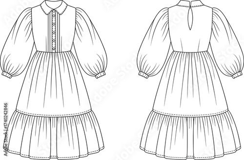 Fashion dress technical illustration, front and back view, garment design sketch, Peter Pan collar dress, puff sleeve style, tiered skirt artwork