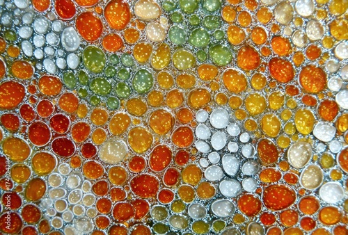 Macro image of colorful, closely packed bubbles, varying in size and hues