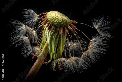 Close-up of dandelion seed head with detached seeds against a dark background