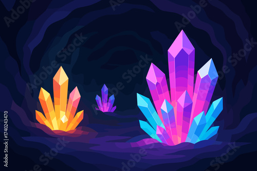 Illustration clusters interior glowing crystalline cavern walls gradient dark crystal vector
