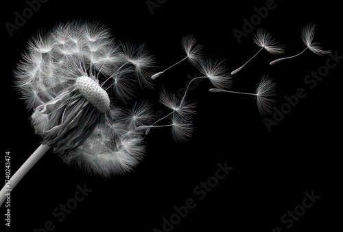 Close-up monochrome of a dandelion's fluffy seed head with seeds blowing away