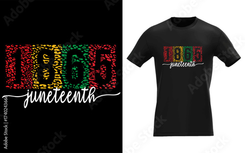 Vibrant juneteenth 1865 graphic design with colorful abstract pattern and text on black background and t shirt mockup