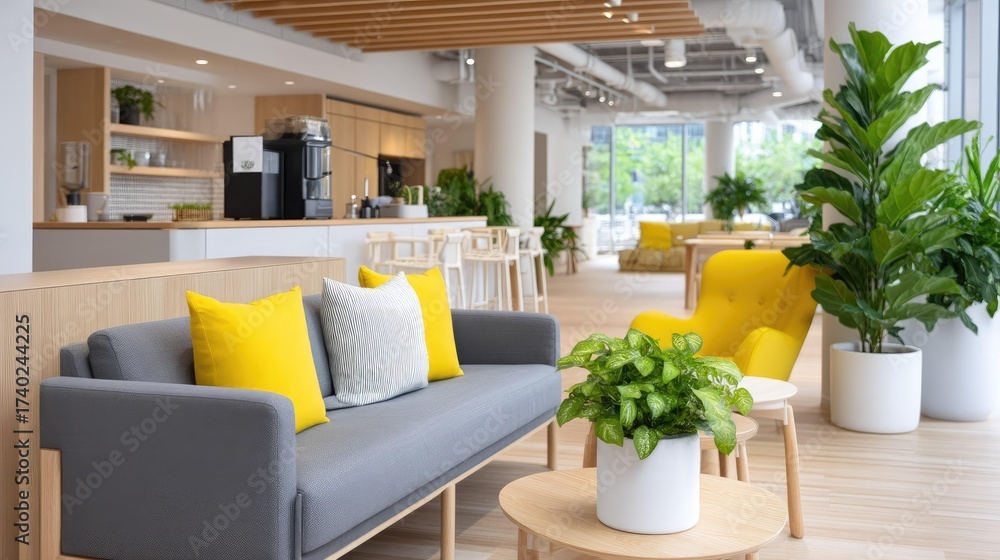 Fototapeta premium Modern and Welcoming Lobby Design Featuring Cozy Seating, Bright Yellow Accents, Green Plants, and a Contemporary Atmosphere Ideal for Relaxation and Social Activities.