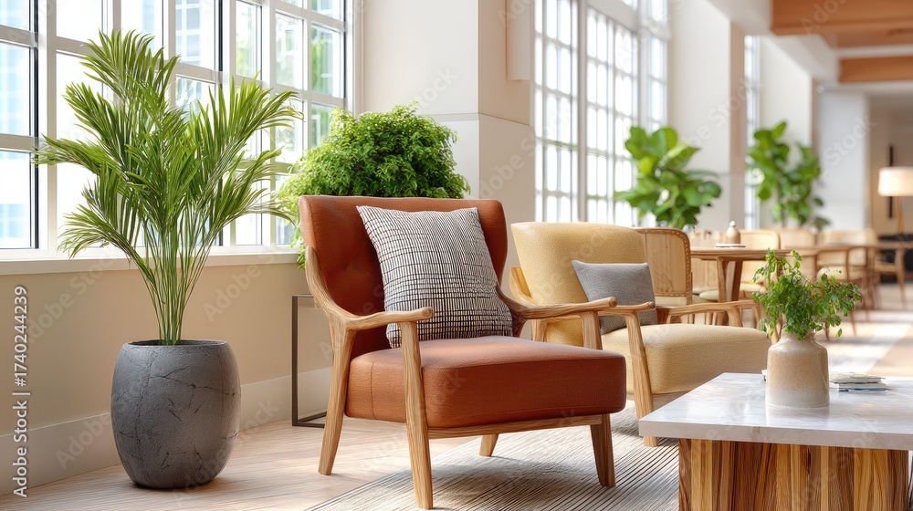Fototapeta premium Discover a modern lobby design featuring stylish furniture, warm wood accents, and vibrant greenery creating a welcoming atmosphere for relaxation and social engagement in contemporary spaces.