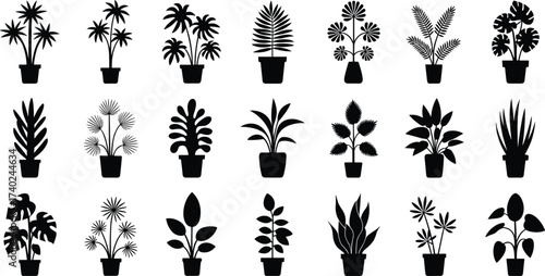 Potted plant silhouettes, botanical illustration, indoor plants, houseplant vector, decorative greenery, black silhouette, foliage design, garden element, nature graphic, plant collection