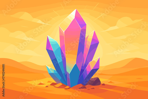 Ground glow giant glowing vector crystal desert sunlight from illustration emerging