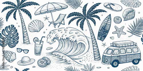 Illustration of a beach scene with palm trees, a wave, a van, and other summer themed elements in sketch style