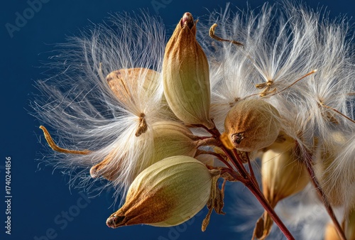 Close-up of seed pods releasing delicate, feathery seeds against a deep blue backdrop
